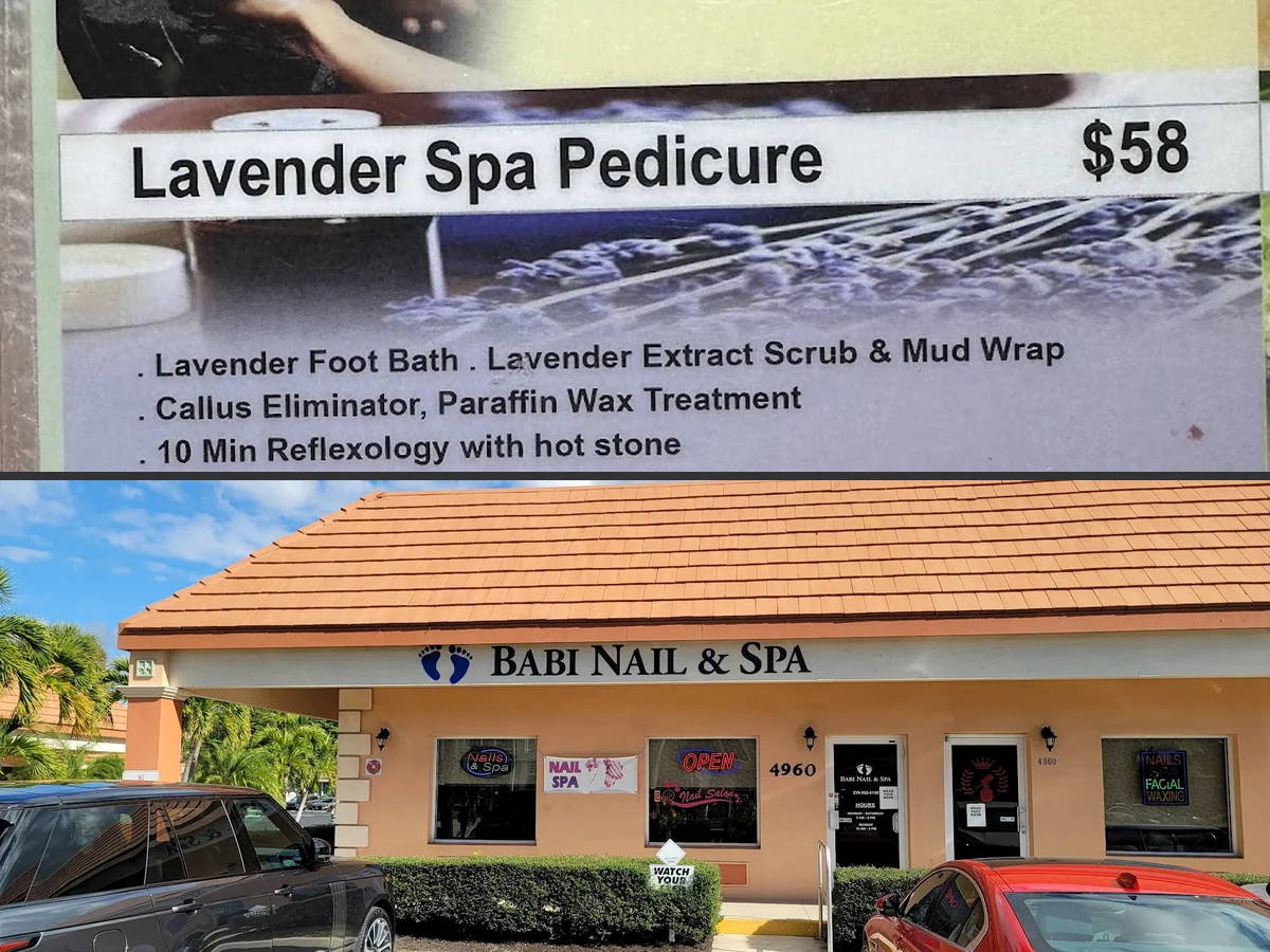 Pedicure chairs and a clean salon floor.